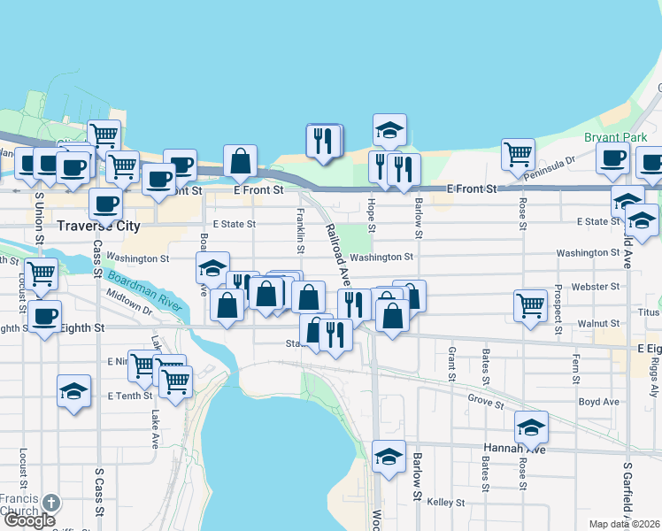 map of restaurants, bars, coffee shops, grocery stores, and more near 628 Washington Street in Traverse City
