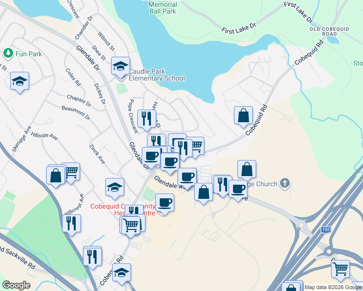map of restaurants, bars, coffee shops, grocery stores, and more near 29 Caudle Park Crescent in Lower Sackville