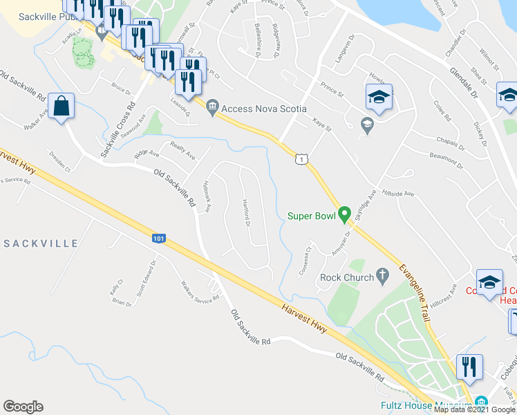 map of restaurants, bars, coffee shops, grocery stores, and more near 137 Hallmark Avenue in Lower Sackville