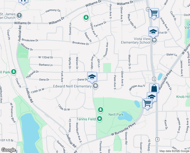 map of restaurants, bars, coffee shops, grocery stores, and more near 13305 Upton Avenue South in Burnsville
