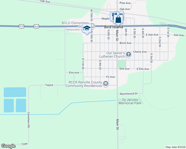 map of restaurants, bars, coffee shops, grocery stores, and more near 637 South 10th Street in Bird Island