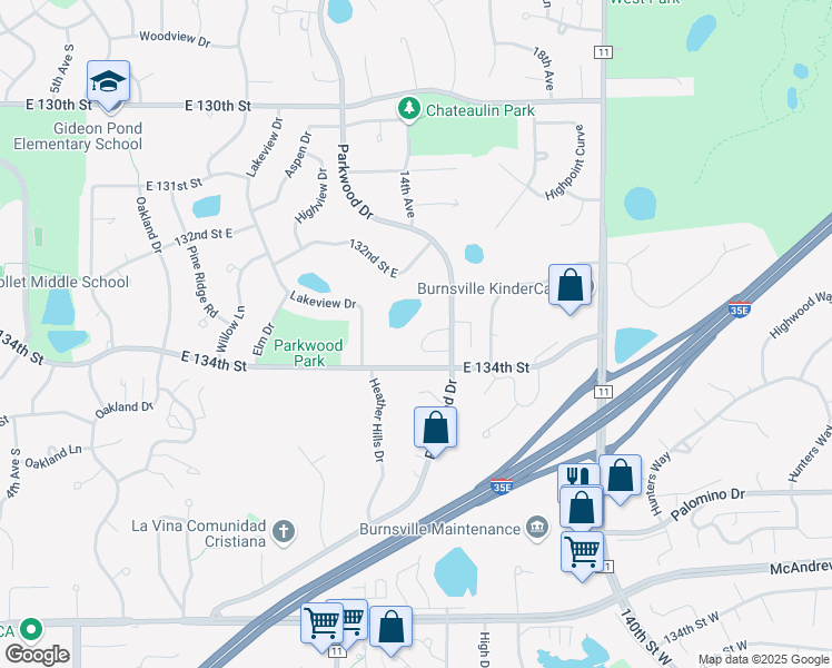 map of restaurants, bars, coffee shops, grocery stores, and more near 13312 Parkwood Drive in Burnsville
