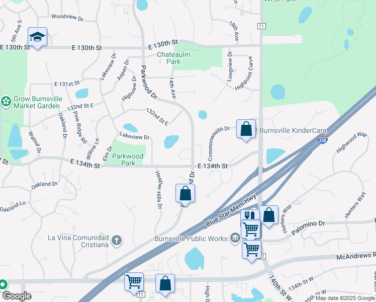 map of restaurants, bars, coffee shops, grocery stores, and more near 13313 Parkwood Drive in Burnsville