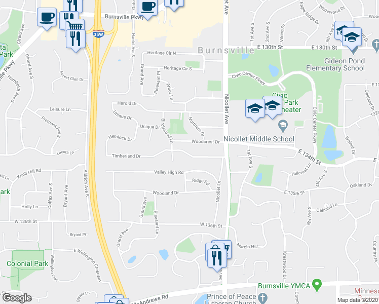 map of restaurants, bars, coffee shops, grocery stores, and more near 200 Timberland Drive in Burnsville