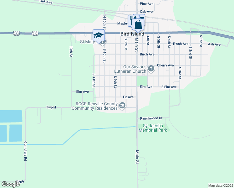 map of restaurants, bars, coffee shops, grocery stores, and more near 651 South 9th Street in Bird Island