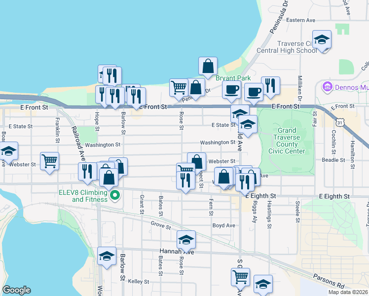 map of restaurants, bars, coffee shops, grocery stores, and more near 876 Washington Street in Traverse City