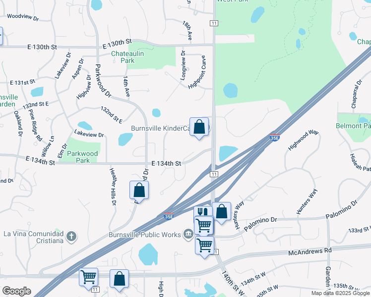 map of restaurants, bars, coffee shops, grocery stores, and more near 1880 East 134th Street in Burnsville