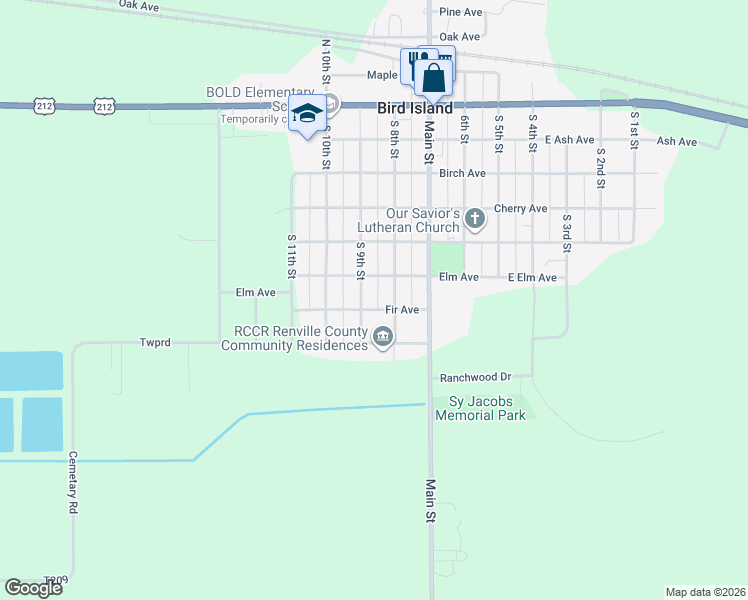 map of restaurants, bars, coffee shops, grocery stores, and more near 651 South 9th Street in Bird Island