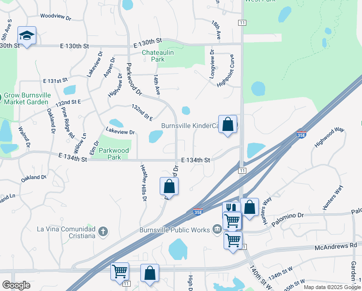 map of restaurants, bars, coffee shops, grocery stores, and more near 13313 Parkwood Drive in Burnsville