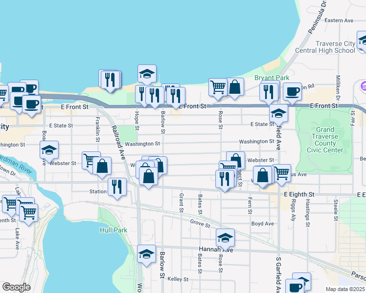 map of restaurants, bars, coffee shops, grocery stores, and more near 828 Washington Street in Traverse City