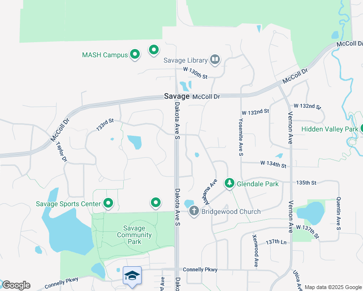 map of restaurants, bars, coffee shops, grocery stores, and more near 13320 Brunswick Avenue South in Savage