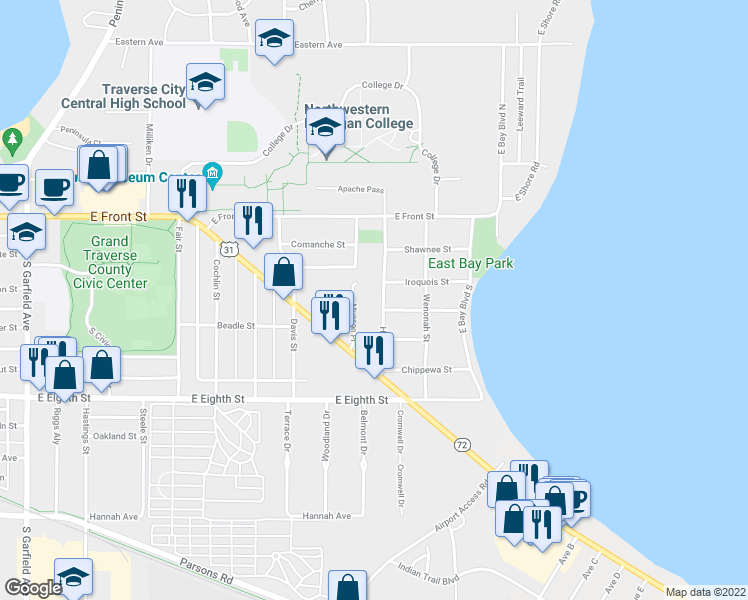 map of restaurants, bars, coffee shops, grocery stores, and more near 316 Huron Street in Traverse City