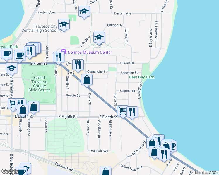 map of restaurants, bars, coffee shops, grocery stores, and more near 429 Munson Place in Traverse City