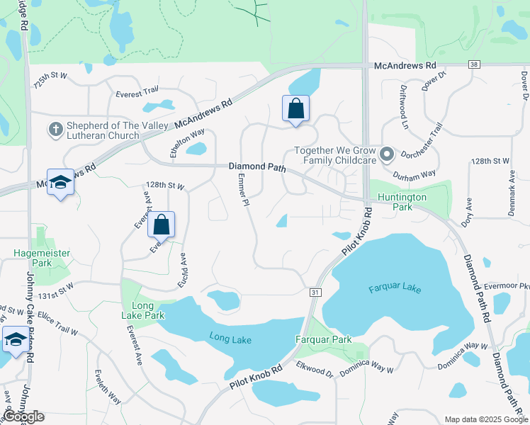 map of restaurants, bars, coffee shops, grocery stores, and more near 12995 Eastview Court in Apple Valley