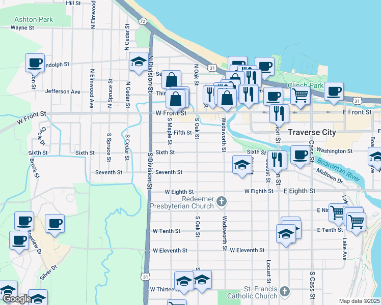 map of restaurants, bars, coffee shops, grocery stores, and more near 525 6th Street in Traverse City