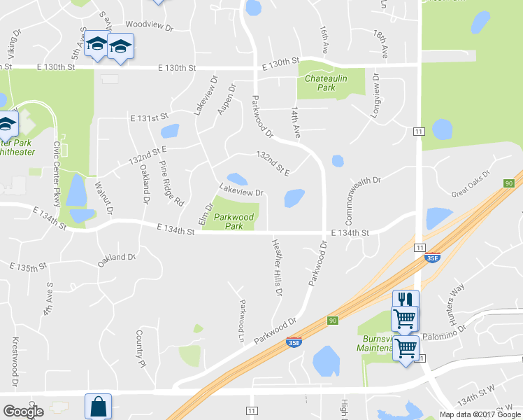 map of restaurants, bars, coffee shops, grocery stores, and more near 13308 Lakeview Drive in Burnsville