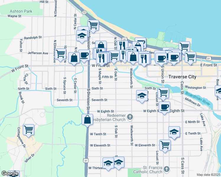 map of restaurants, bars, coffee shops, grocery stores, and more near 525 6th Street in Traverse City