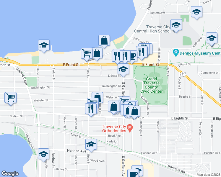 map of restaurants, bars, coffee shops, grocery stores, and more near 1024 Washington Street in Traverse City