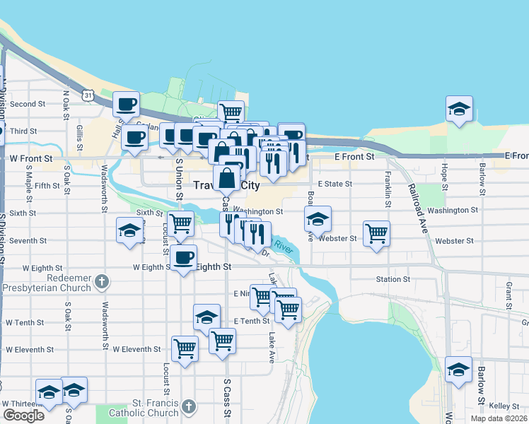 map of restaurants, bars, coffee shops, grocery stores, and more near 231 Washington Street in Traverse City