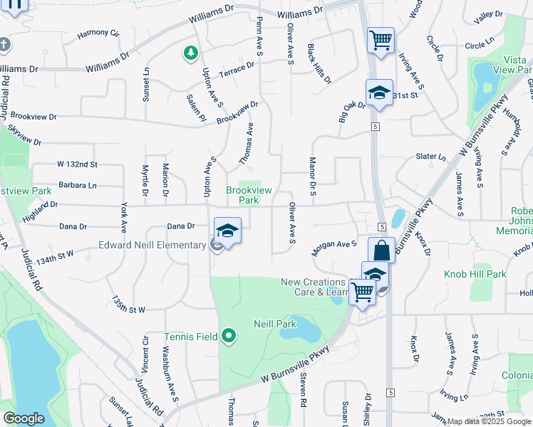 map of restaurants, bars, coffee shops, grocery stores, and more near 13300 Penn Avenue South in Burnsville