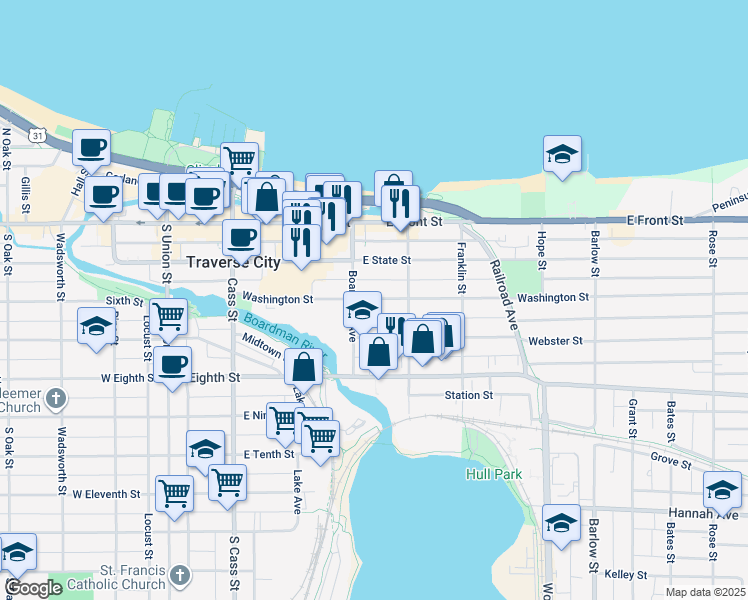 map of restaurants, bars, coffee shops, grocery stores, and more near 436 Washington Street in Traverse City