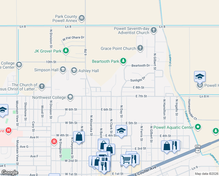 map of restaurants, bars, coffee shops, grocery stores, and more near 713 N Clark St in Powell