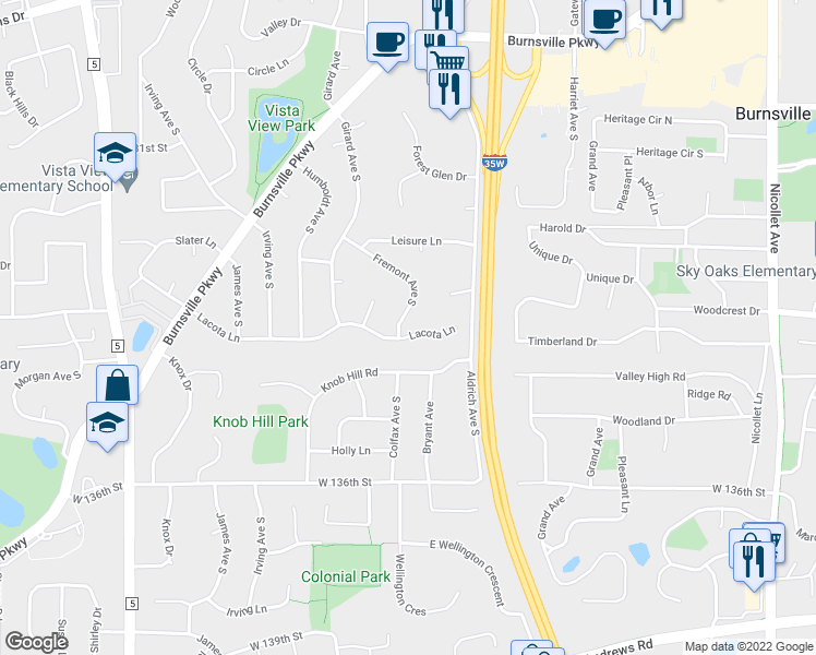 map of restaurants, bars, coffee shops, grocery stores, and more near 1013 Lacota Lane in Burnsville