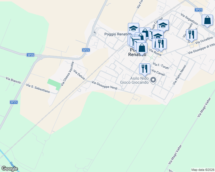 map of restaurants, bars, coffee shops, grocery stores, and more near 48 Via Giuseppe Verdi in Poggio Renatico
