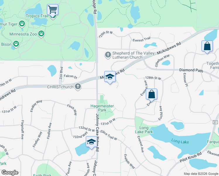 map of restaurants, bars, coffee shops, grocery stores, and more near 12900 Johnny Cake Ridge Road in Apple Valley