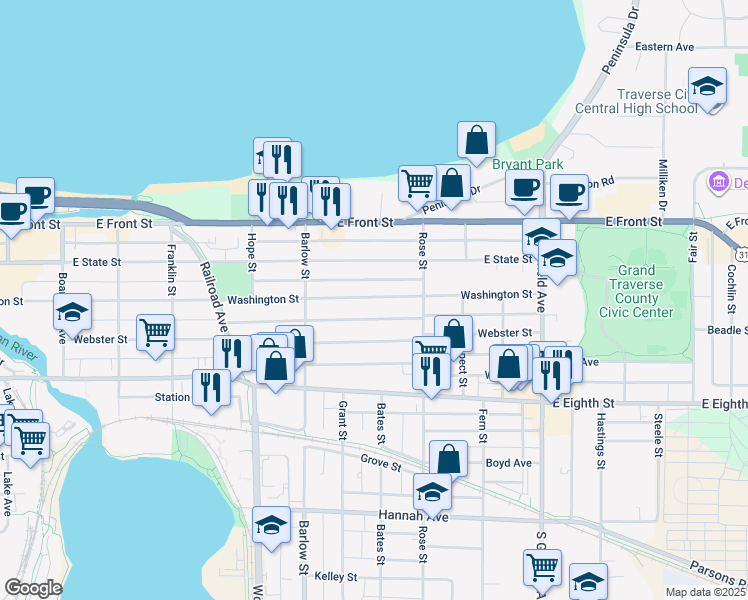 map of restaurants, bars, coffee shops, grocery stores, and more near 800-898 Washington Street in Traverse City