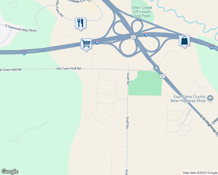map of restaurants, bars, coffee shops, grocery stores, and more near 4876 Graff Road in Eau Claire