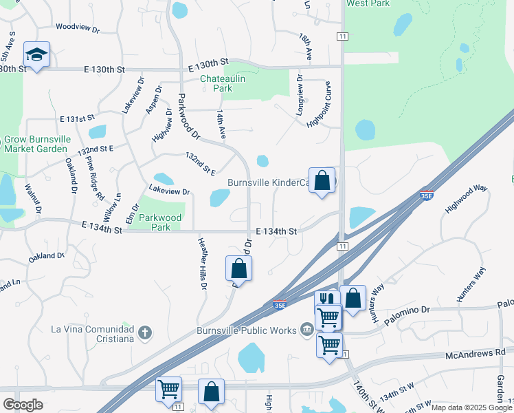 map of restaurants, bars, coffee shops, grocery stores, and more near 13313 Parkwood Drive in Burnsville