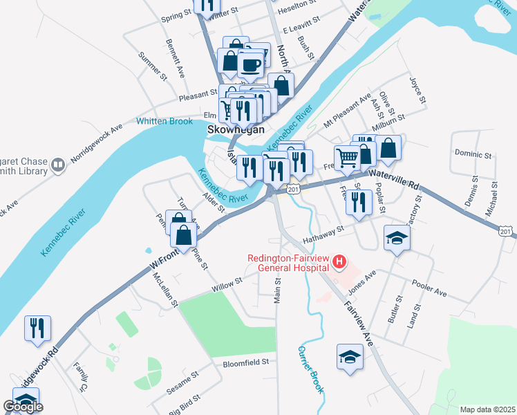 map of restaurants, bars, coffee shops, grocery stores, and more near 14 West Front Street in Skowhegan