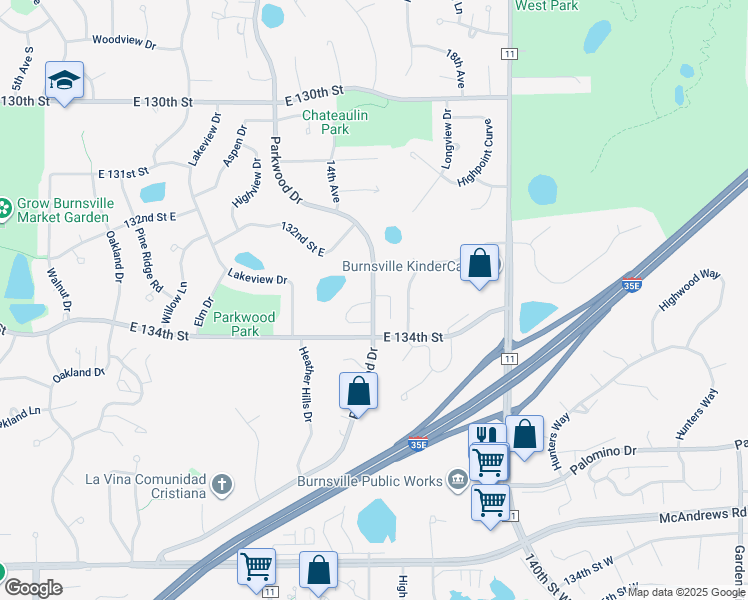 map of restaurants, bars, coffee shops, grocery stores, and more near 13313 Parkwood Drive in Burnsville