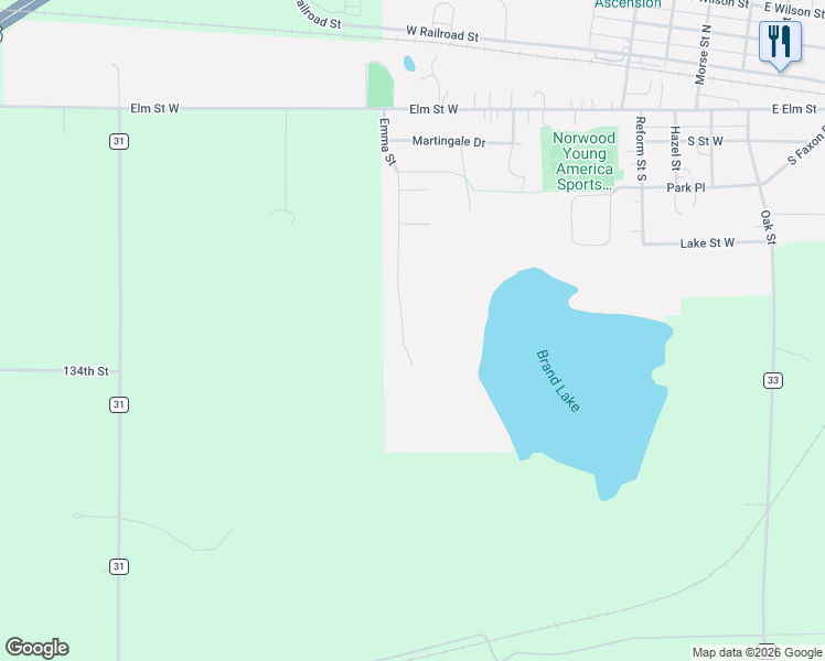 map of restaurants, bars, coffee shops, grocery stores, and more near 471 Emma Street in Norwood Young America