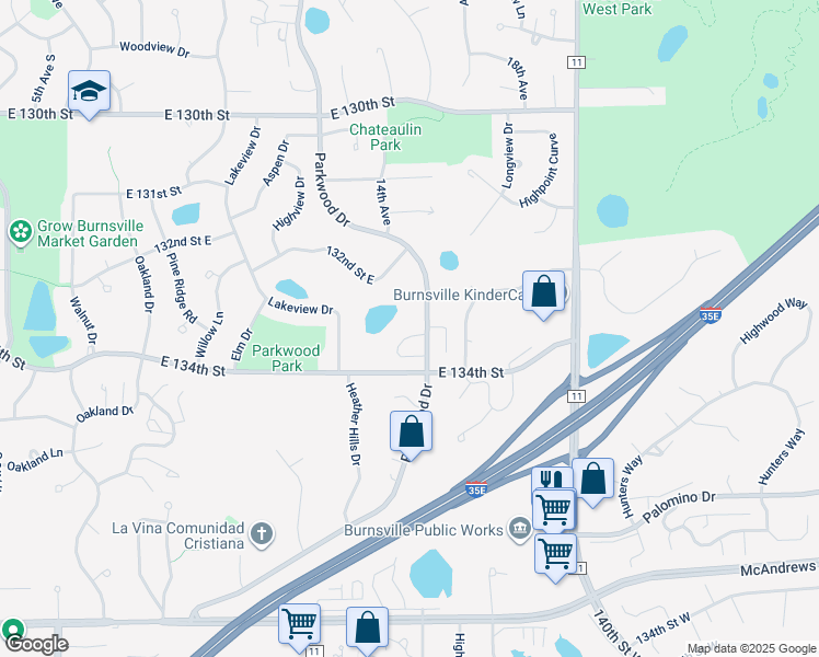 map of restaurants, bars, coffee shops, grocery stores, and more near 13312 Parkwood Drive in Burnsville