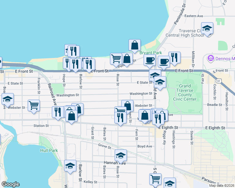 map of restaurants, bars, coffee shops, grocery stores, and more near 898 Washington St in Traverse City