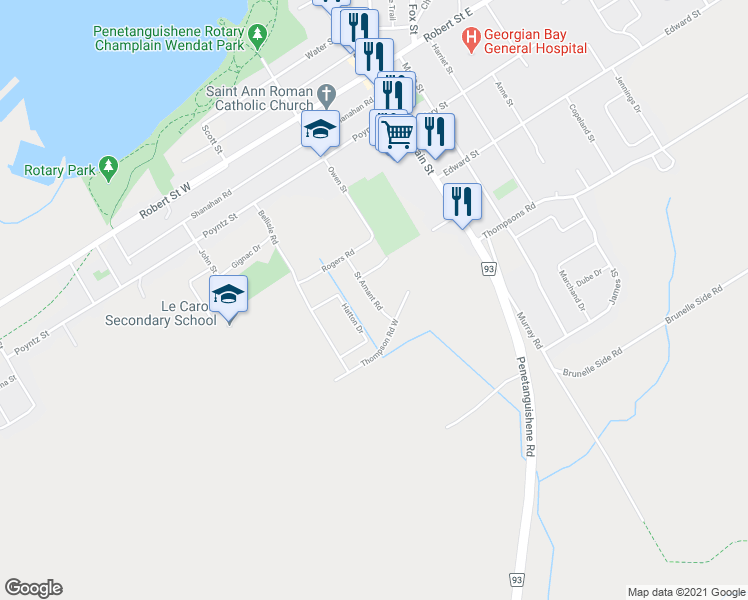 map of restaurants, bars, coffee shops, grocery stores, and more near Saint Amant Road in Penetanguishene
