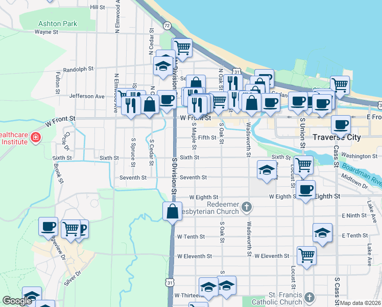 map of restaurants, bars, coffee shops, grocery stores, and more near 609 6th Street in Traverse City