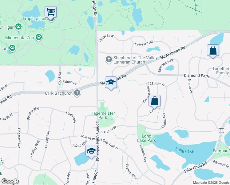 map of restaurants, bars, coffee shops, grocery stores, and more near 12900 Johnny Cake Ridge Road in Apple Valley