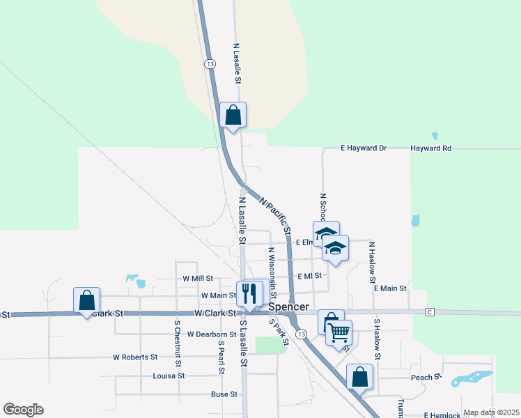 map of restaurants, bars, coffee shops, grocery stores, and more near 604 North Wisconsin Street in Spencer
