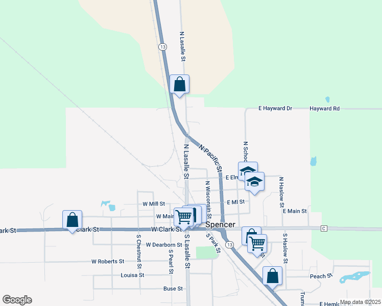 map of restaurants, bars, coffee shops, grocery stores, and more near 604 North Wisconsin Street in Spencer