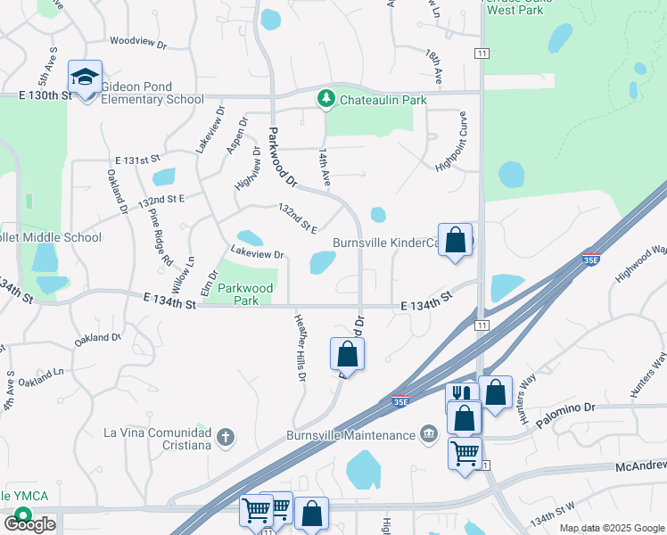 map of restaurants, bars, coffee shops, grocery stores, and more near 13312 Parkwood Drive in Burnsville
