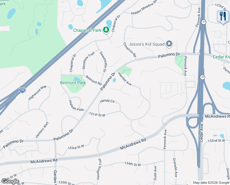 map of restaurants, bars, coffee shops, grocery stores, and more near 13033 Herald Circle in Apple Valley