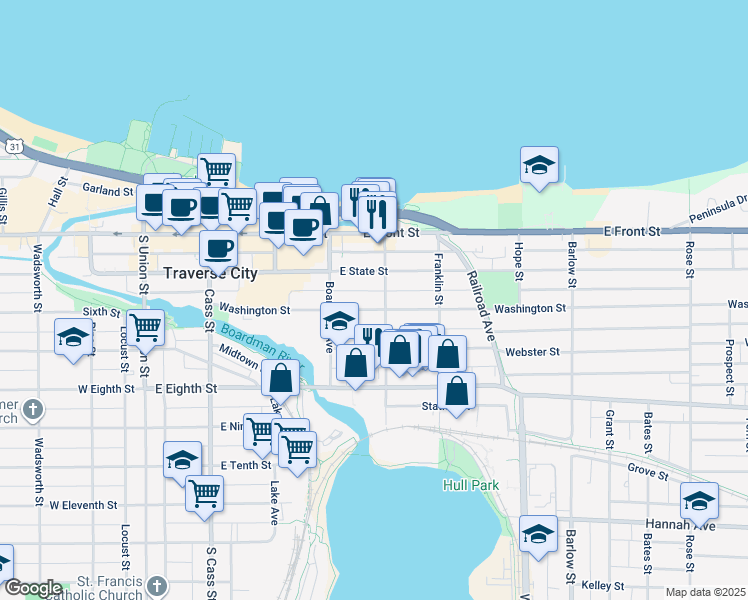 map of restaurants, bars, coffee shops, grocery stores, and more near 436 Washington Street in Traverse City