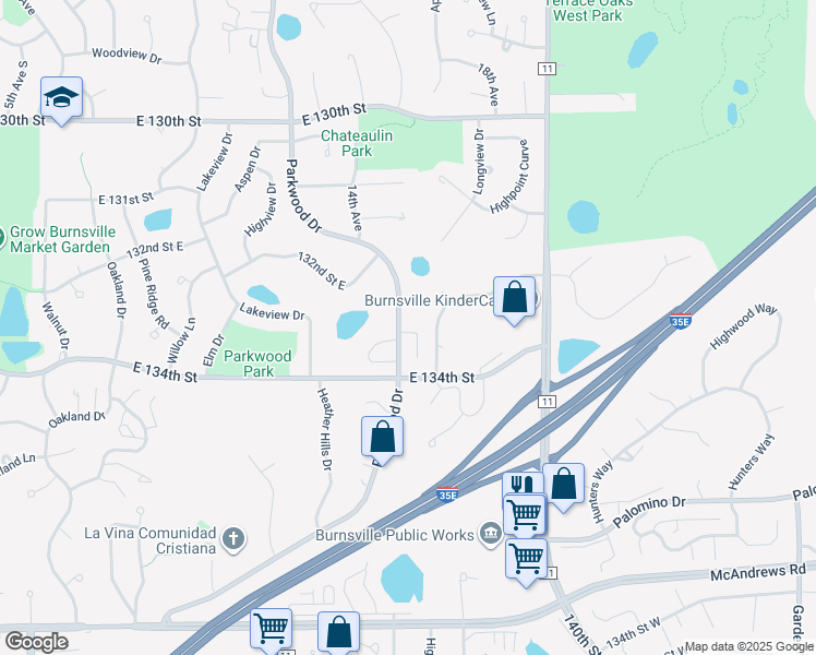map of restaurants, bars, coffee shops, grocery stores, and more near 13305 Parkwood Drive in Burnsville