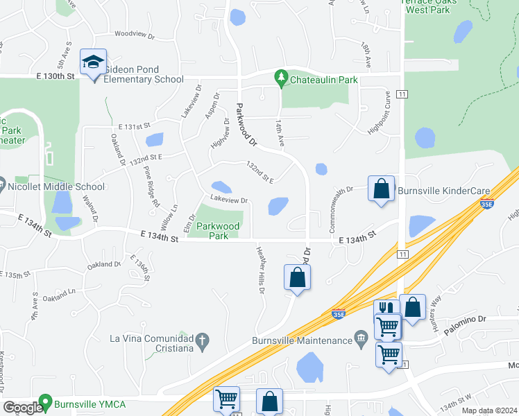 map of restaurants, bars, coffee shops, grocery stores, and more near 13305 Lakeview Drive in Burnsville