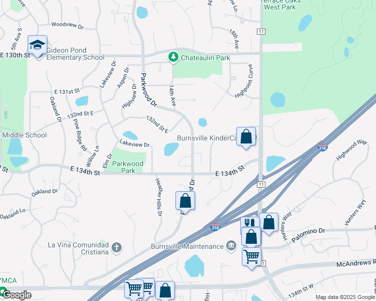 map of restaurants, bars, coffee shops, grocery stores, and more near 13313 Parkwood Drive in Burnsville