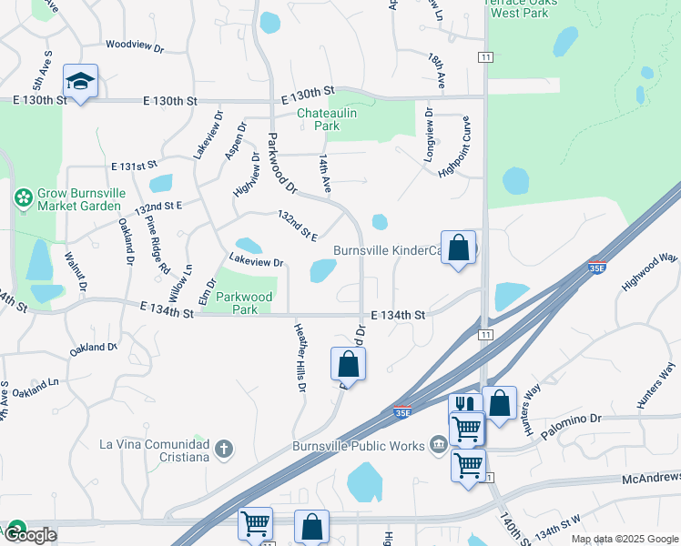 map of restaurants, bars, coffee shops, grocery stores, and more near 13312 Parkwood Drive in Burnsville