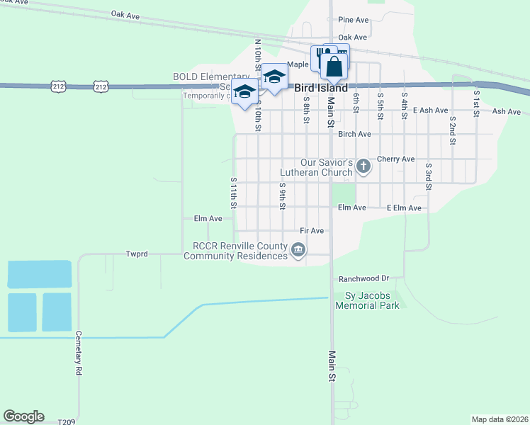 map of restaurants, bars, coffee shops, grocery stores, and more near 637 South 10th Street in Bird Island